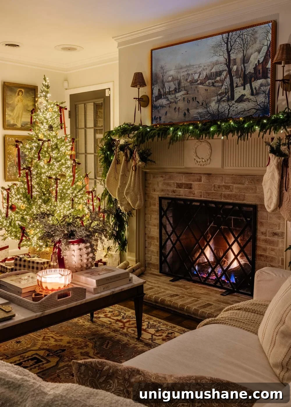 candlelight Christmas tour in living room with tree and traditional fireplace