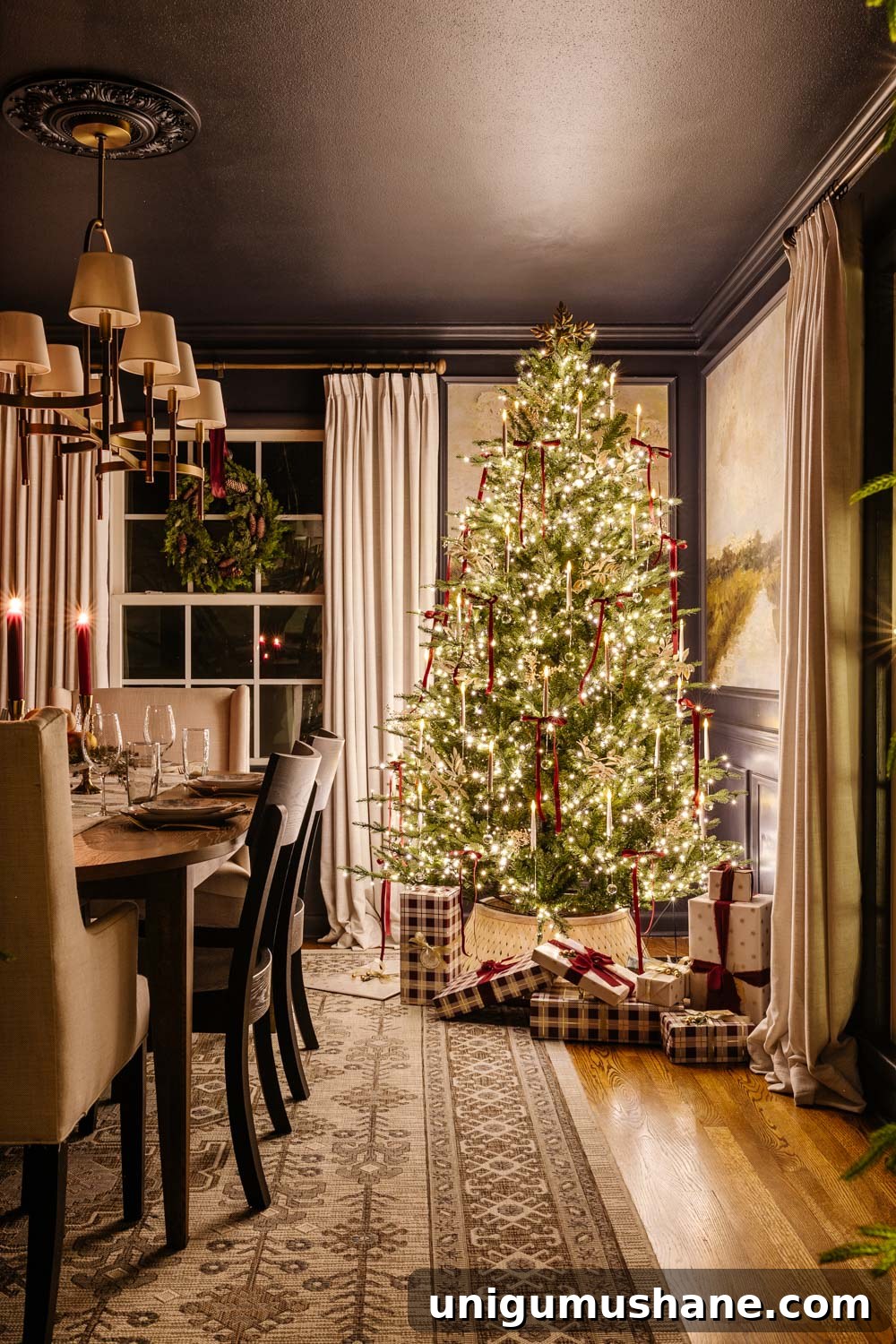 dining room Christmas tree at night in candlelight