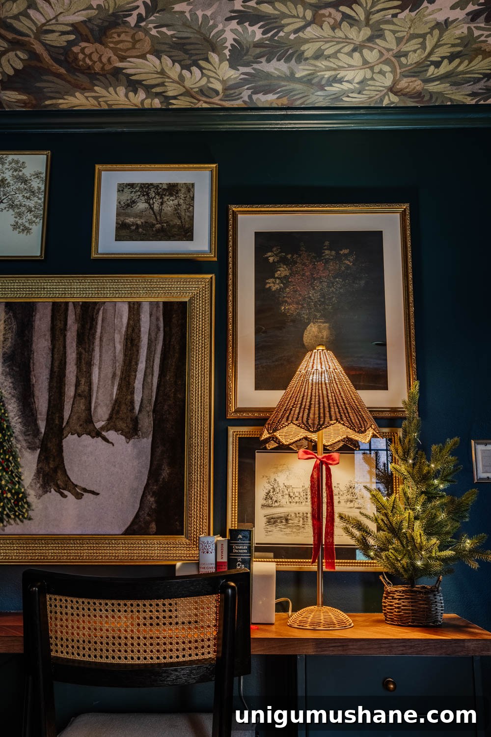 Modern Colonial Christmas Home Tour 2024: Holiday Decor Ideas 15 lamp on a media room desk decorated for Christmas