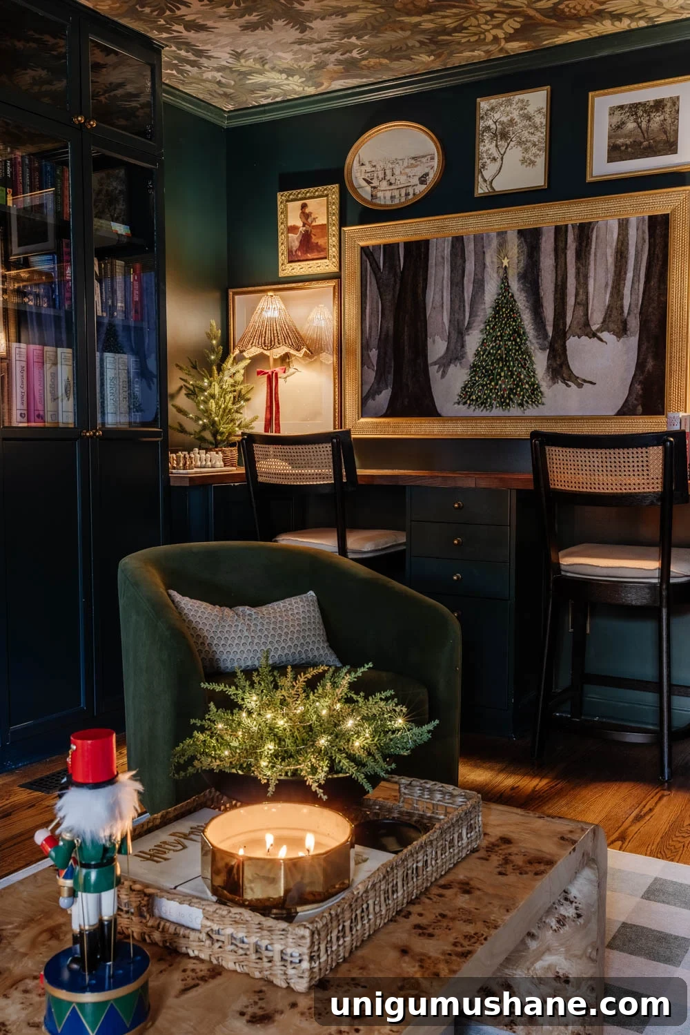 Modern Colonial Christmas Home Tour 2024: Holiday Decor Ideas 16 moody traditional Christmas media room / home theater room