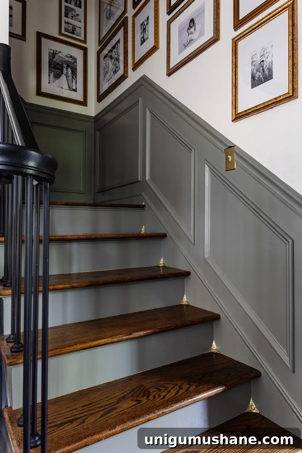 Add Dust Corners to Your Stairs for Cleaner, Safer Steps 3 dust corners on a staircase with gallery wall