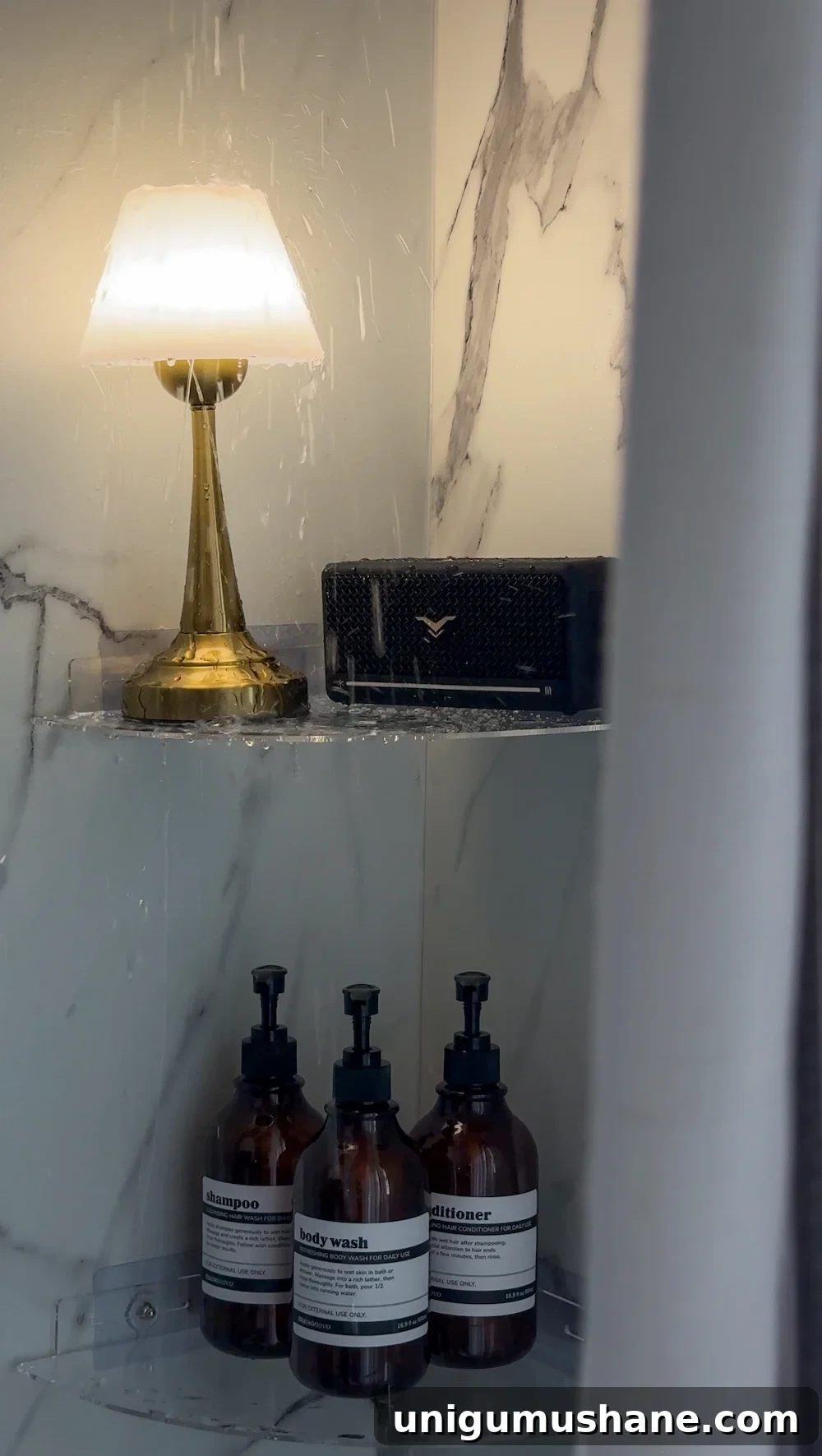 Trending Cozy Shower Lamps: Top Picks to Try 3 waterproof lamp on shower shelf with bluetooth speaker for a cozy bathroom