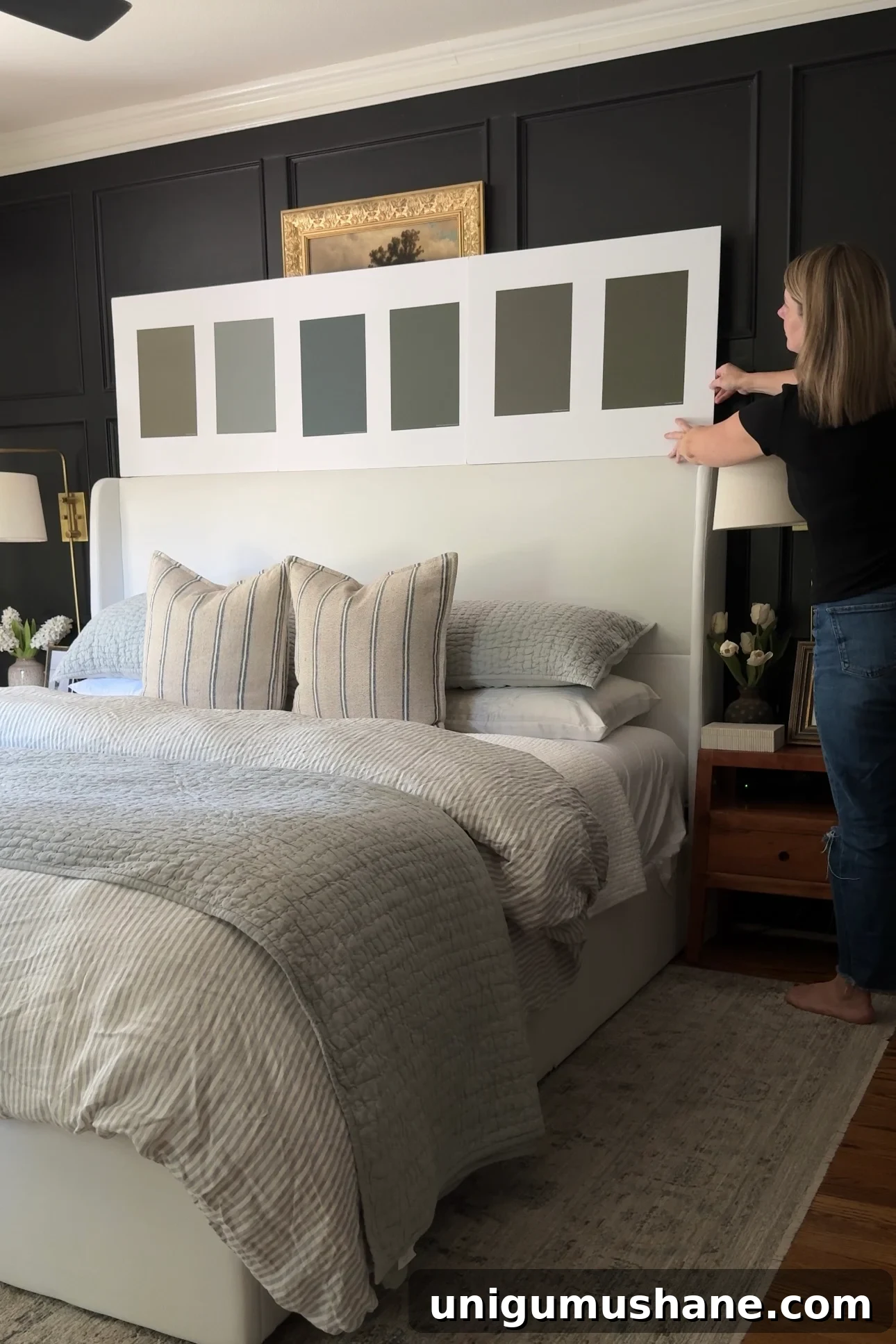 Why an Olive Green Bedroom Might Suit You 6 testing olive green paint colors in a bedroom on white board