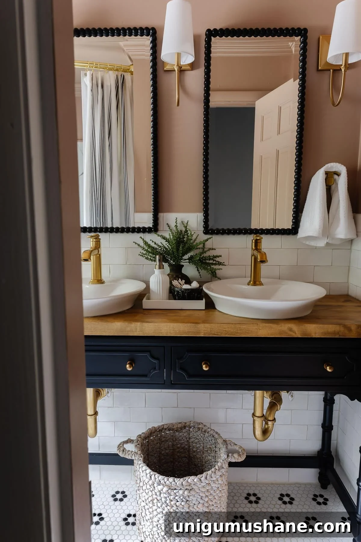 Why Brass Home Decor Is Still Timeless 12 console table bathroom vanity with vessel sinks and gold pipes