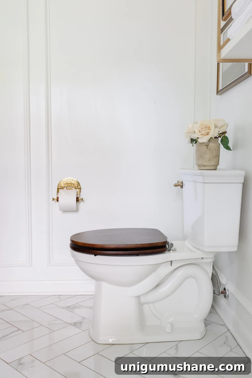 Why Brass Home Decor Is Still Timeless 7 toilet with wooden seat and brass toilet paper holder