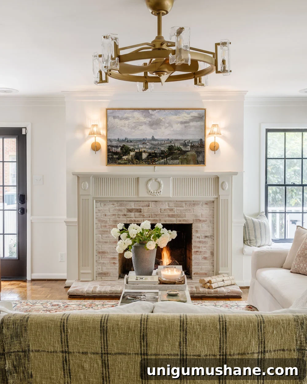 Living Room Makeover: Mood Board and Design Plans 2 white living room with black doors and limewashed brick fireplace