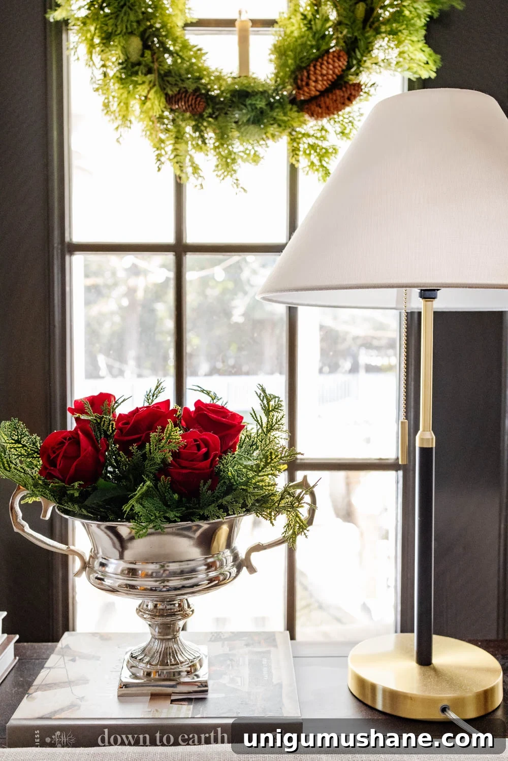 Affordable Ralph Lauren Christmas Decor Ideas 3 Ralph Lauren Christmas decorating ideas on a budget - silver urn of red roses and pine stems