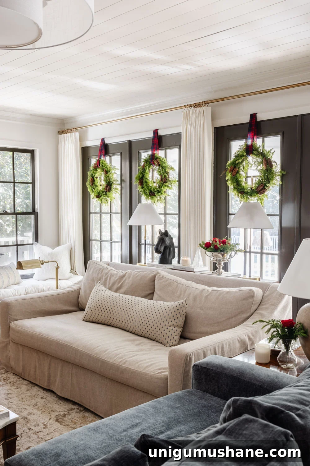Affordable Ralph Lauren Christmas Decor Ideas 7 Ralph Lauren Christmas decorating ideas on a budget - wreaths with tartan plaid ribbon on windows