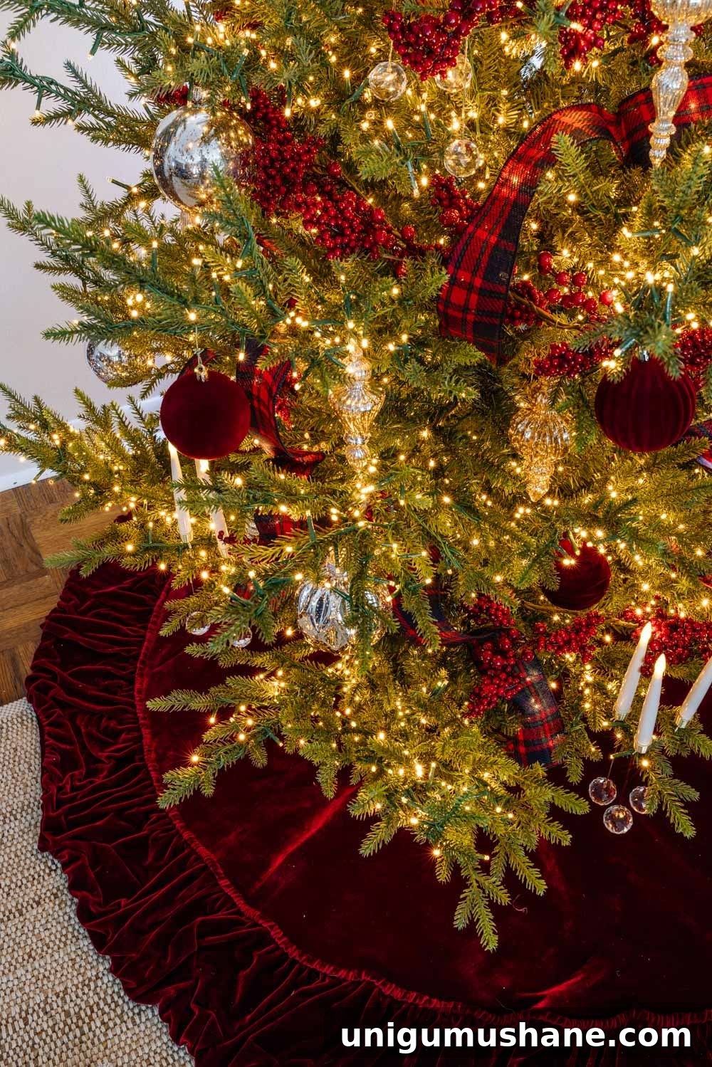 Affordable Ralph Lauren Christmas Decor Ideas 8 Ralph Lauren Christmas tree decorating ideas on a budget - red velvet tree skirt and red berry garland with mercury glass ornaments