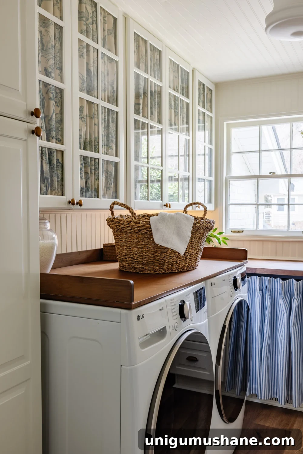 Maximize Storage in a Small Laundry Room 5 small laundry room organization with gathered fabric glass front cabinet doors