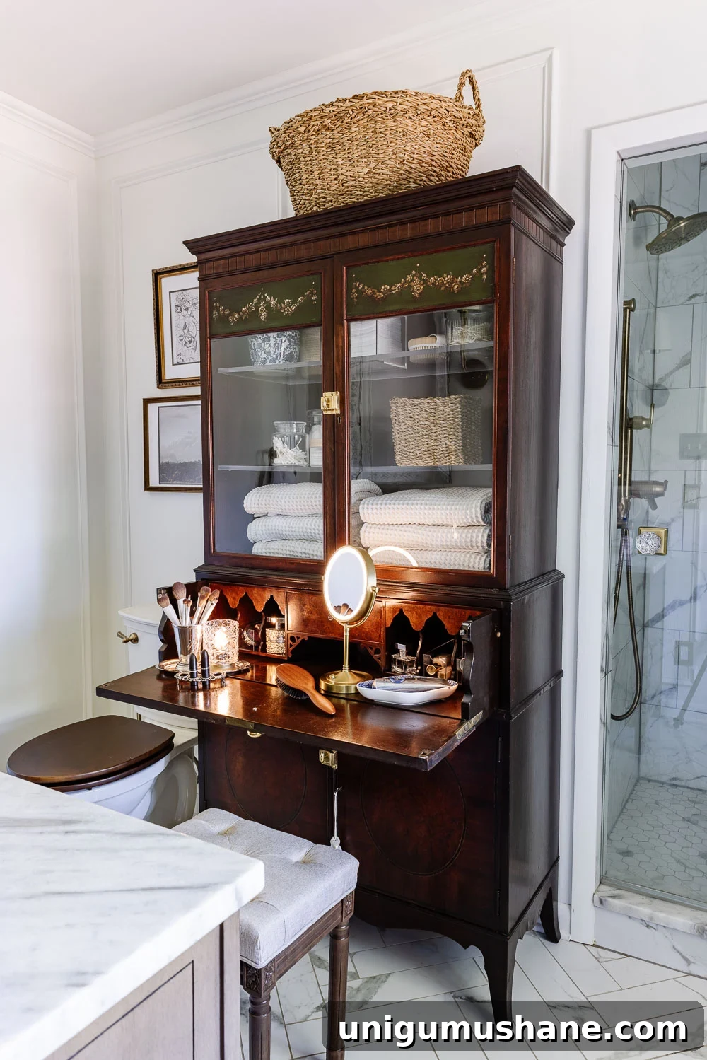 Turn a Secretary Desk Into a Makeup Vanity for Small Bathrooms 3 secretary desk makeup vanity bathroom storage