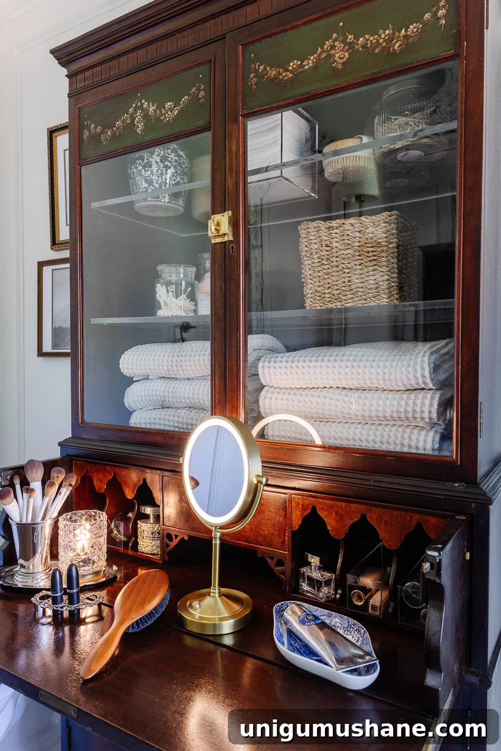 Turn a Secretary Desk Into a Makeup Vanity for Small Bathrooms 4 secretary desk makeup vanity bathroom storage