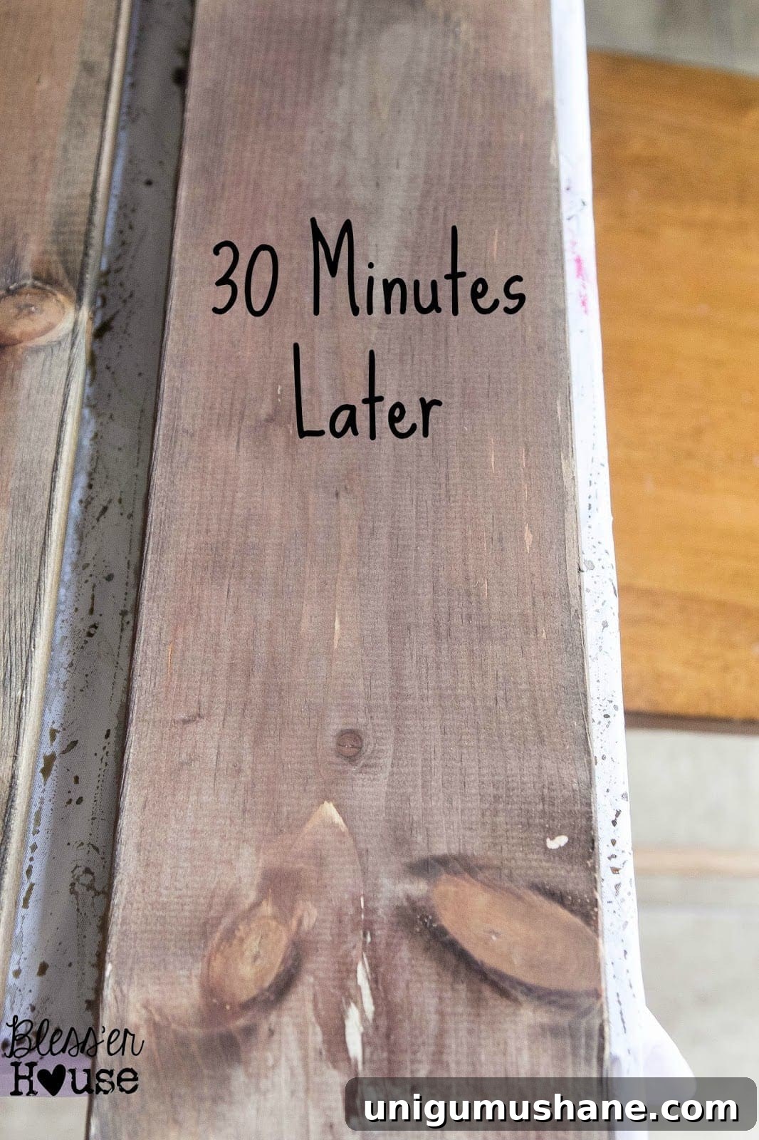 How to Stain Wood with Vinegar and Steel Wool 8 After 30 minutes, the steel wool and apple cider vinegar stain has deepened even more, now bringing out darker brown tones in the lumber.