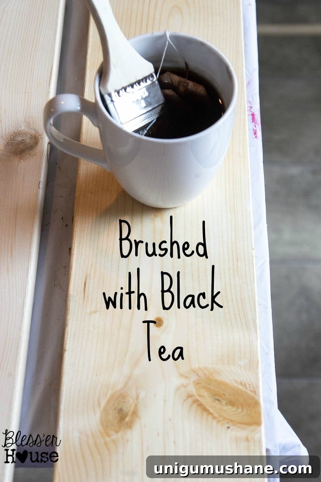 How to Stain Wood with Vinegar and Steel Wool 5 The first step in this all natural wood stain method is to brush the lumber with the black tea, steeped for over 24 hours.