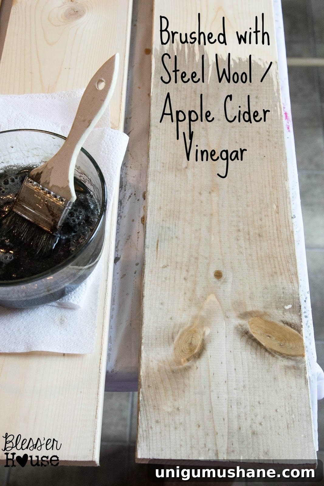 How to Stain Wood with Vinegar and Steel Wool 7 The next step in this all natural wood stain method is to brush the tea stained lumber with the steel wool and apple cider vinegar stain.