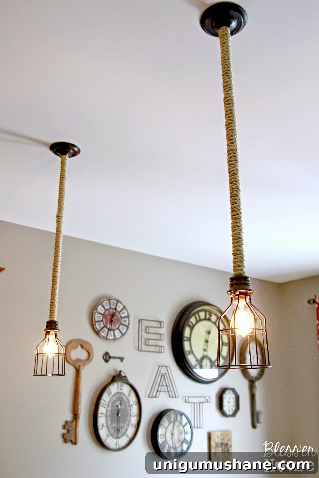 Industrial pendant light near breakfast nook clock wall