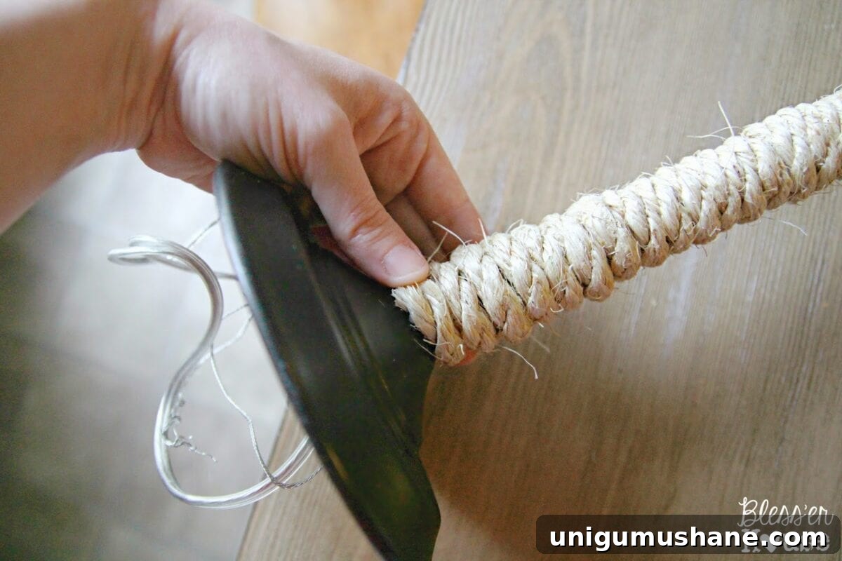 Finished rope wrapped pendant light rod