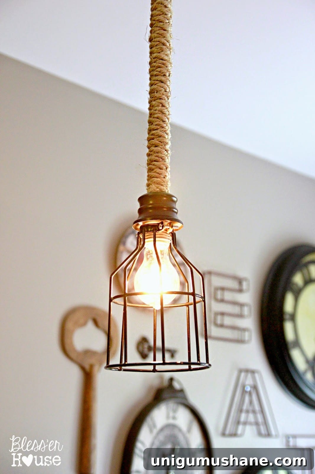 Finished DIY industrial pendant light with Edison bulb and metal guard