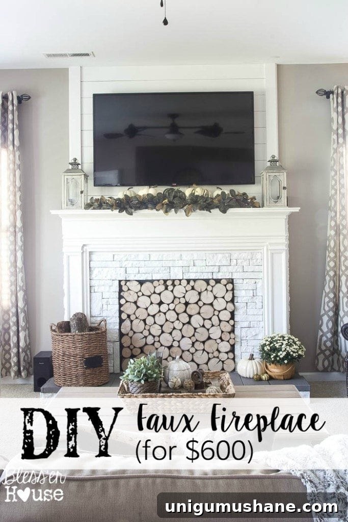 Final progress photo of DIY faux fireplace
