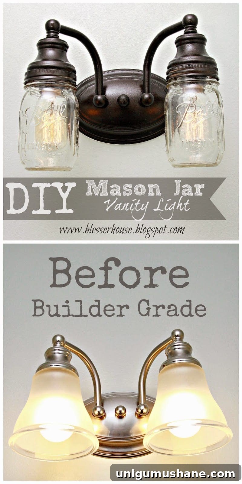 DIY Mason Jar Vanity Light for Rustic Bathroom Lighting 2 Before and after farmhouse mason jar vanity light