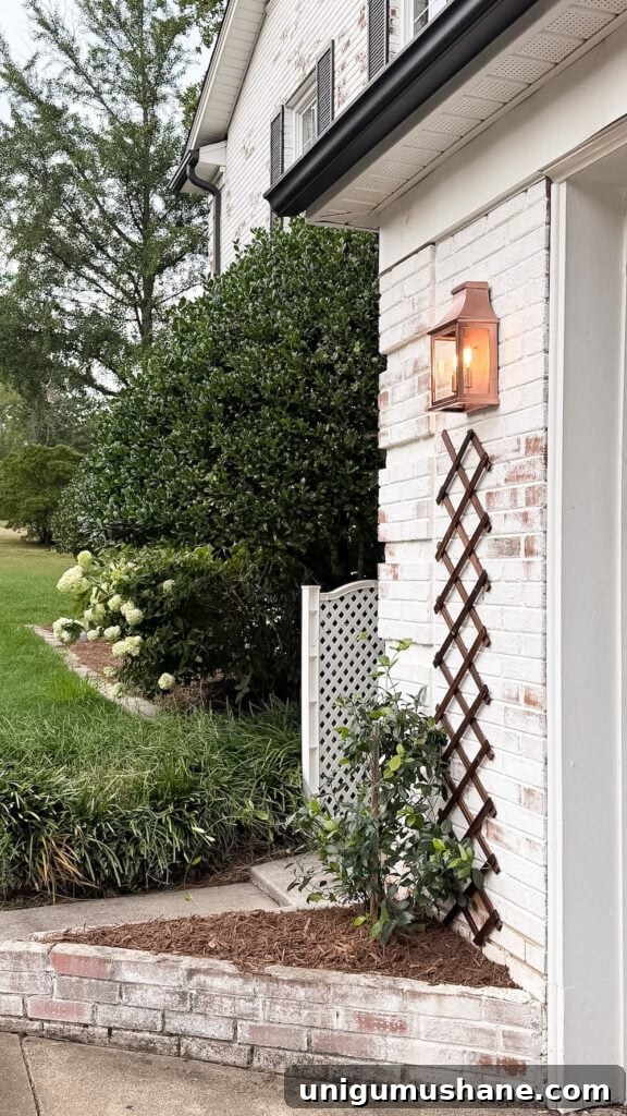 garage curb appeal with copper lanterns, star jasmine, and outdoor trash can hiding panels